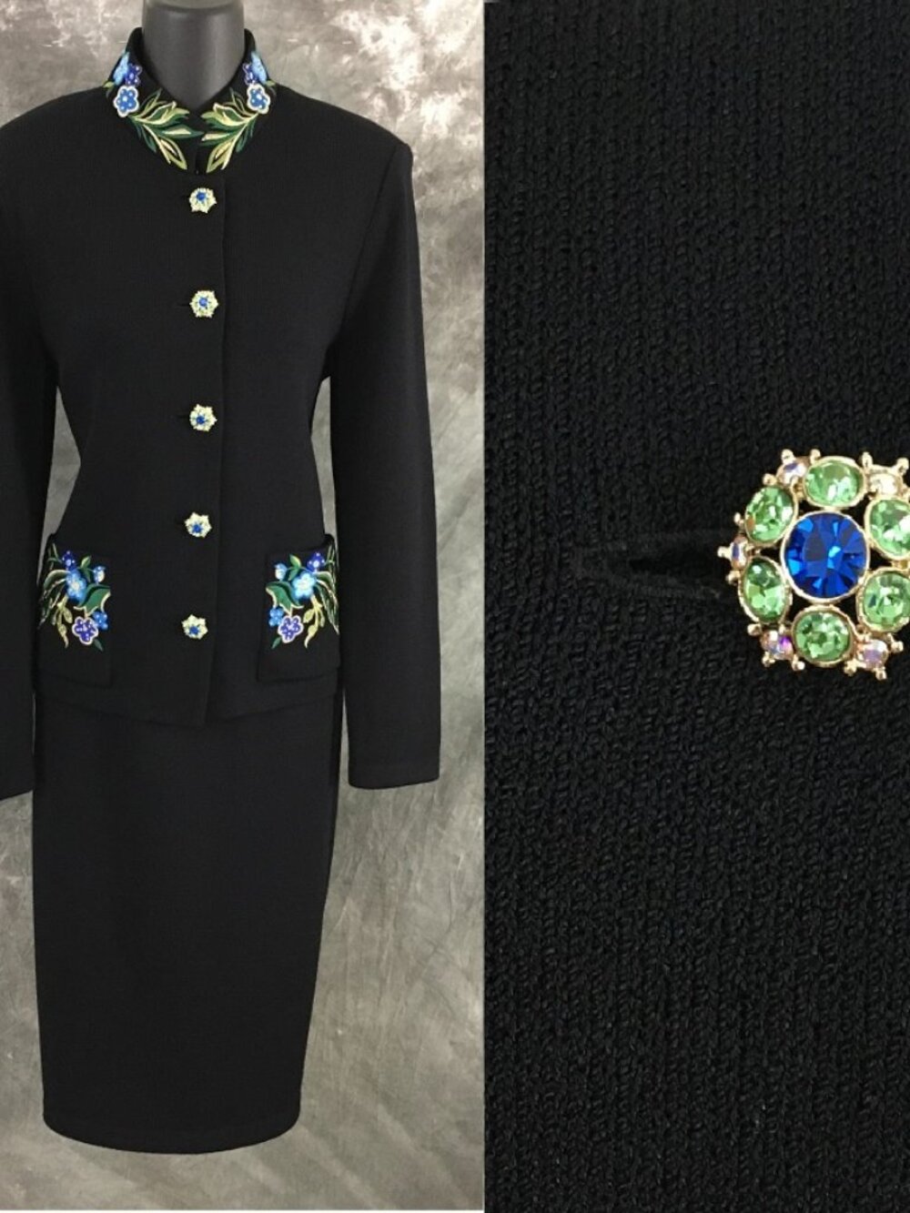 BEAUTIFUL St John evening knit black blue rhinestones embellished skirt suit 6 8